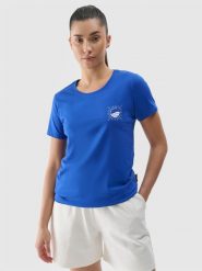 4F T-shirt regular z nadrukiem damski - niebieski XS. Niebieskie t-shirty damskie 4f, xs, bez wzorów, z bawełny, bez kołnierzyka. W wyprzedaży za 29.99 zł.