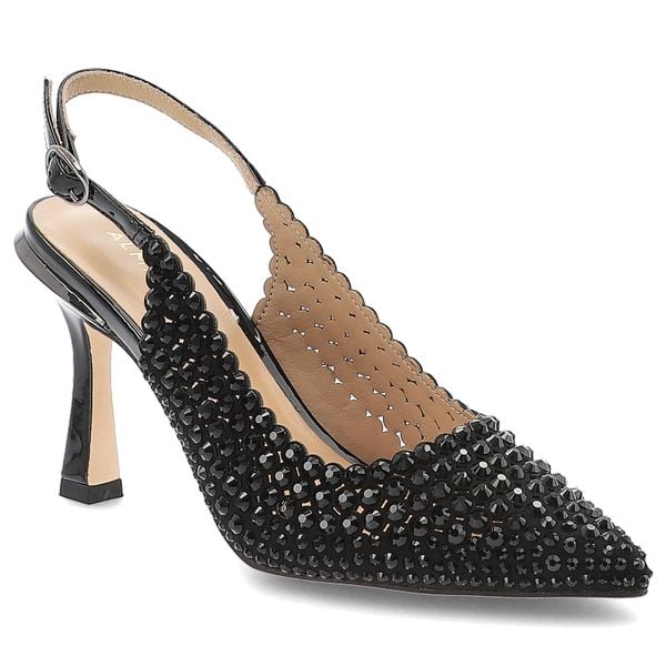 Czółenka damskie Alma en Pena, na szpilce z noskiem w szpic z cyrkoniami i zapinane sprzączką, czarne, I250408. Czarne czółenka damskie Alma En Pena, bez wzorów, bez obcasa, na obcasie. Za 609.00 zł.