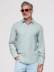 Męska wiskozowo-lniana koszula o kroju regular - pastelowa zieleń V4 - Rozmiar: XL. Szare koszule męskie Ombre Clothing, m, bez wzorów, z denimu, bez kołnierzyka, bez ramiączek. Za 289.99 zł.