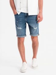 Krótkie męskie spodenki jeansowe z przetarciami i podwiniętą nogawką – niebieskie V2 OM-SRDS-0186 - XXL. Niebieskie szorty męskie Ombre Clothing, na lato, z aplikacjami, z bawełny. W wyprzedaży za 109.99 zł.
