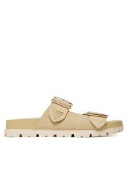 Guess Klapki FLTFST SUE03 Beżowy. Brązowe klapki damskie Guess, z aplikacjami, ze skóry, bez obcasa. Za 549.99 zł.