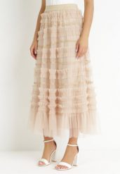 Beżowa Tiulowa Spódnica Maxi z Gumką w Talii i Falbankami Veida. Brązowe spódniczki damskie Born2be, m, z aplikacjami, z tiulu, maxi, rozkloszowane. Za 139.99 zł.