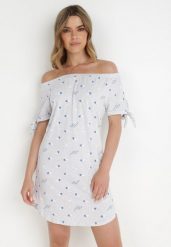 Jasnoszara Sukienka Hermusa. Szare sukienki damskie Born2be, na lato, m, z aplikacjami, z bawełny, bez kołnierzyka, bez ramiączek, mini. W wyprzedaży za 55.99 zł.
