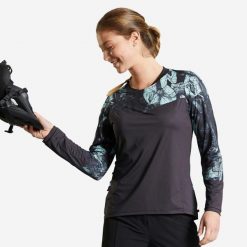 Bluza rowerowa damska Rockrider Expl 500 długi rękaw. Czarne bluzy sportowe damskie ROCKRIDER, m, bez wzorów, z materiału, bez ramiączek, długie, bez kaptura. Za 99.99 zł.