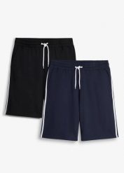 Bermudy dresowe o kroju loose fit (2 pary). Czarne szorty męskie bonprix, bez wzorów, z dresówki. Za 99.98 zł.
