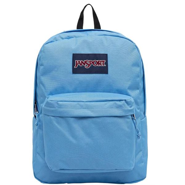 Plecak sportowo-turystyczny dla dorosłych Superbreak Backpack. Niebieskie plecaki damskie JanSport, bez wzorów, z materiału, sportowe. Za 119.99 zł.