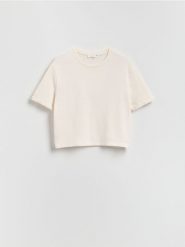 Dzianinowy t-shirt z bawełną - złamana biel. T-shirty damskie Reserved, l, bez wzorów, z bawełny, bez kołnierzyka. W wyprzedaży za 35.99 zł.