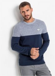 Sweter z gładkiej dzianiny we wzór colourblocking, z bawełną. Niebieskie swetry męskie bonprix, l, bez wzorów, z bawełny, bez kołnierzyka. Za 104.99 zł.