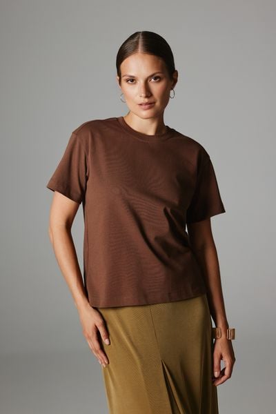 T-SHIRT KIM BRĄZOWY M - Flawless. Brązowe t-shirty damskie Flawless, m, bez wzorów, z bawełny, bez kołnierzyka. Za 219.00 zł.