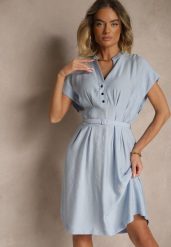 Niebieska Rozkloszowana Sukienka z Wiskozy z Paskiem Zapinana na Napy Seporine. Niebieskie sukienki damskie Renee, na co dzień, l, bez wzorów, z jeansu, eleganckie, bez kołnierzyka, bez ramiączek, midi, rozkloszowane. W wyprzedaży za 103.99 zł.