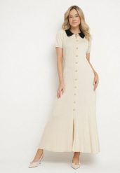 Jasnobeżowa Rozkloszowana Sukienka Retro z Wiskozy z Guzikami i Kołnierzykiem Andival. Brązowe sukienki damskie Born2be, na co dzień, z aplikacjami, z wiskozy, eleganckie, bez kołnierzyka, bez ramiączek, maxi, proste. W wyprzedaży za 159.99 zł.