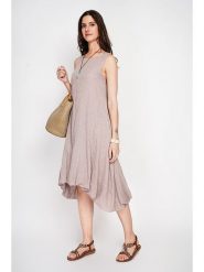 Le Jardin du Lin Lniana sukienka w kolorze kremowym rozmiar: 38. Brązowe sukienki damskie Le jardin du lin, bez wzorów, ze lnu, z asymetrycznym kołnierzem, bez ramiączek, midi, asymetryczne. Za 130.99 zł.