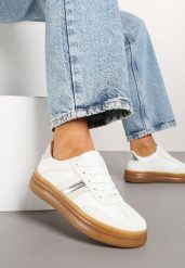Białe Sneakersy Tenisówki z Metalicznym Paskiem Hanalie. Białe trampki i tenisówki damskie Born2be, z aplikacjami, z jeansu. Za 84.99 zł.