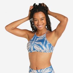 Góra kostiumu kąpielowego surfingowego damska Olaian Andrea Palmer. Niebieskie bikini damskie Decathlon, bez wzorów. Za 49.99 zł.