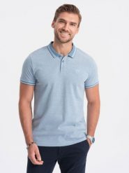 Melanżowa koszulka męska polo z kontrastowym kołnierzykiem - błękitna V3 - Rozmiar: S. Niebieskie koszulki polo męskie Ombre Clothing, m, bez wzorów, z bawełny, bez ramiączek. W wyprzedaży za 39.99 zł.