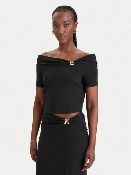 Guess Bluzka W6GP12 K2935 Czarny Regular Fit. Czarne bluzki damskie Guess, xl, z aplikacjami, bez kołnierzyka, bez ramiączek. Za 279.99 zł.