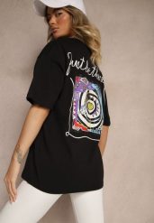 Czarny T-shirt Koszulka z Bawełny Ozdobiona Nadrukiem i Napisem Just Be There Felena. Czarne bluzki damskie Renee, l, bez wzorów, z bawełny, bez kołnierzyka, bez ramiączek. Za 59.99 zł.