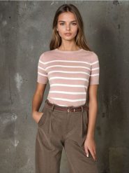 Sweter z krótkim rękawem - beżowy. Brązowe swetry klasyczne damskie Sinsay, l, bez kołnierzyka. Za 29.99 zł.