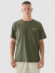 4F T-shirt oversize z nadrukiem męski - khaki S. Brązowe t-shirty męskie 4f, m, bez wzorów, z bawełny, bez kołnierzyka. W wyprzedaży za 39.99 zł.