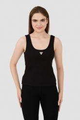 GUESS Czarny top Ribbed Knit Tank. Czarne topy damskie Guess, s, z aplikacjami, bez kołnierzyka. W wyprzedaży za 160.99 zł.