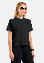 Koszulka z krótkim rękawem damska Odlo CUBIC T-shirt crew neck s/s. Czarne bluzki sportowe damskie Odlo, s, z dzianiny, bez kołnierzyka, bez ramiączek. Za 249.99 zł.