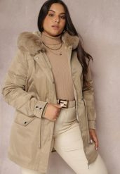 Beżowa Kurtka Parka Nylonowa Mivo. Brązowe kurtki damskie Renee, plus size, bez wzorów, z futra. Za 219.99 zł.