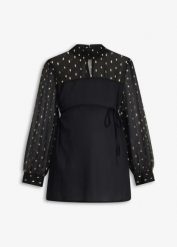 Elegancka bluzka ciążowa z transparentnymi rękawami. Czarne bluzki damskie bonprix, bez wzorów, eleganckie, bez kołnierzyka, moda ciążowa, bez ramiączek. Za 129.99 zł.