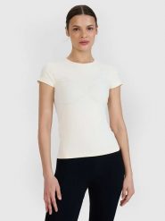 4F Koszulka sportowa w kolorze kremowym rozmiar: M/L. Brązowe bluzki sportowe damskie 4f, l, z materiału, bez kołnierzyka, bez ramiączek. Za 64.95 zł.