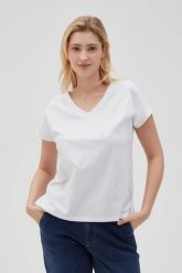Bawełniny t-shirt z dekoltem w serek biały. Białe t-shirty damskie MOODO, l, bez wzorów, z bawełny, bez kołnierzyka. Za 29.99 zł.