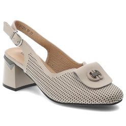 Czółenka damskie Vinceza, cholewka ze skóry naturalnej licowej z perforacją z broszką na eleganckim obcasie, beżowe, 99206. Brązowe broszki damskie VINCEZA. Za 189.00 zł.