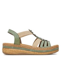 Sandały Rieker. Zielone sandały damskie Rieker, bez wzorów, bez obcasa, na koturnie. Za 339.99 zł.