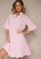 Różowa Rozkloszowana Sukienka z Wiskozą i Falbanami Eviranna. Czerwone sukienki damskie Renee, na co dzień, na lato, bez wzorów, z wiskozy, eleganckie, bez kołnierzyka, bez ramiączek, midi, rozkloszowane. W wyprzedaży za 62.99 zł.