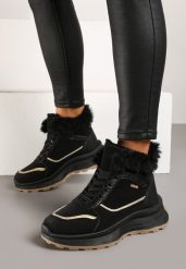 Czarne Trapery Sneakersy na Płaskiej Podeszwie Ozdobione Futerkiem i Metaliczną Wstawką Delaviel. Czarne trapery damskie Renee, z futra, bez obcasa, na płaskiej podeszwie. Za 129.99 zł.