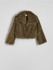 Kurtka z kołnierzem z imitacji piór - zielony. Zielone kurtki damskie Reserved, l, bez wzorów, bez kaptura. W wyprzedaży za 259.99 zł.