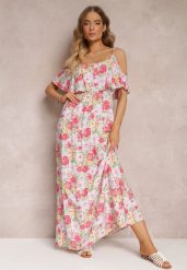Biało-Czerwona Sukienka Maxi Bawełniana w Kwiaty z Falbanką Saranna. Białe sukienki damskie Renee, na imprezę, l, bez wzorów, z bawełny, bez kołnierzyka, bez ramiączek, maxi, rozkloszowane. W wyprzedaży za 62.99 zł.