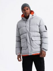 Sportowa ciepła męska kurtka z podwójnym kapturem – szara V3 OM-JAHP-0208 - XXL. Szare kurtki treningowe męskie Ombre Clothing, l, z aplikacjami, z materiału. W wyprzedaży za 199.99 zł.