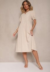 Jasnobeżowa Rozkloszowana Sukienka z Bawełny w Stylu Boho z Haftowanymi Zdobieniami Lannilsa. Brązowe sukienki damskie Renee, na spotkanie biznesowe, l, z aplikacjami, z bawełny, boho, bez kołnierzyka, bez ramiączek, midi, rozkloszowane. W wyprzedaży za 127.99 zł.
