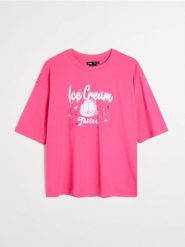 Bawełniana koszulka z nadrukiem Garfield - różowy. Czerwone t-shirty damskie Sinsay, l, bez wzorów, z bawełny, bez kołnierzyka. Za 39.99 zł.