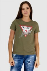 GUESS Zielony t-shirt damski icon. Zielone t-shirty damskie Guess, s, z aplikacjami, bez kołnierzyka. W wyprzedaży za 129.99 zł.
