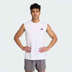KOSZULKA BEZ RĘKAWÓW WORKOUT ESSENTIALS FEELREADY. Białe t-shirty sportowe męskie Adidas, l, z bawełny, bez ramiączek, na fitness i siłownię, climacool (adidas). Za 109.00 zł.