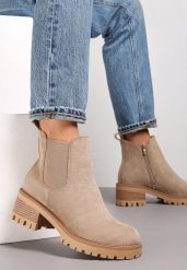 Ciemnobeżowe Botki na Słupku Ruiha. Brązowe botki damskie Renee, z jeansu, eleganckie, bez obcasa, na płaskiej podeszwie, bez zapięcia. Za 119.99 zł.