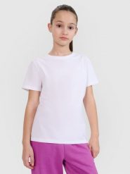 4F T-shirt regular gładki dziewczęcy - biały 122 (6-7 lat). Białe koszulki dziewczęce 4f, bez wzorów, z bawełny, bez ramiączek. Za 29.99 zł.