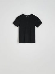 Bawełniany t-shirt z aplikacjami - czarny. Czarne t-shirty damskie Reserved, l, z aplikacjami, z bawełny, bez kołnierzyka. W wyprzedaży za 49.99 zł.