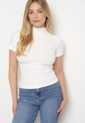 Biały Dopasowany T-shirt z Wiskozy z Golfem Isovera. Białe t-shirty damskie Born2be, m, z aplikacjami, z materiału, bez kołnierzyka. Za 49.99 zł.