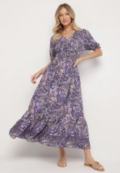 Fioletowa Bawełniana Sukienka o Rozkloszowanym Kroju we Wzór Paisley Folurelle. Fioletowe sukienki damskie Born2be, na spotkanie biznesowe, l, bez wzorów, z bawełny, eleganckie, bez kołnierzyka, bez ramiączek, maxi, rozkloszowane. W wyprzedaży za 51.99 zł.