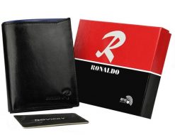 Portfel czarny Ronaldo N104-VT BLACK-BLUE. Czarne portfele męskie RONALDO, bez wzorów, ze skóry. Za 64.99 zł.
