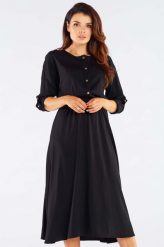 Wiskozowa Midi Sukienka z Ozdobnymi Napkami - Czarna. Czarne sukienki damskie Awama, l, bez wzorów, z elastanu, bez kołnierzyka, bez ramiączek, midi, rozkloszowane. Za 249.90 zł.