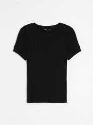 Jednolita koszulka z krótkim rękawem i domieszką modalu - czarny. Czarne t-shirty damskie Sinsay, l, bez wzorów, bez kołnierzyka. Za 19.99 zł.