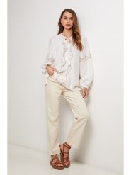 Lin Passion Bluzka w kolorze kremowym rozmiar: 34/36. Brązowe bluzki damskie Lin Passion, bez wzorów, z wiskozy, klasyczne, bez kołnierzyka, bez ramiączek. Za 108.99 zł.