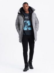 Długa męska kurtka parka ze strukturalnej tkaniny – szara V2 - Rozmiar: XL. Szare kurtki męskie Ombre Clothing, l, z aplikacjami, z gumy. W wyprzedaży za 539.99 zł.